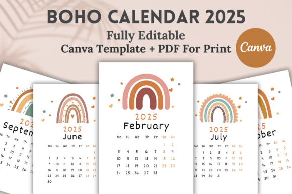 Download Boho Calendar 2025 Canva Template - Calendar 2025 Collection
